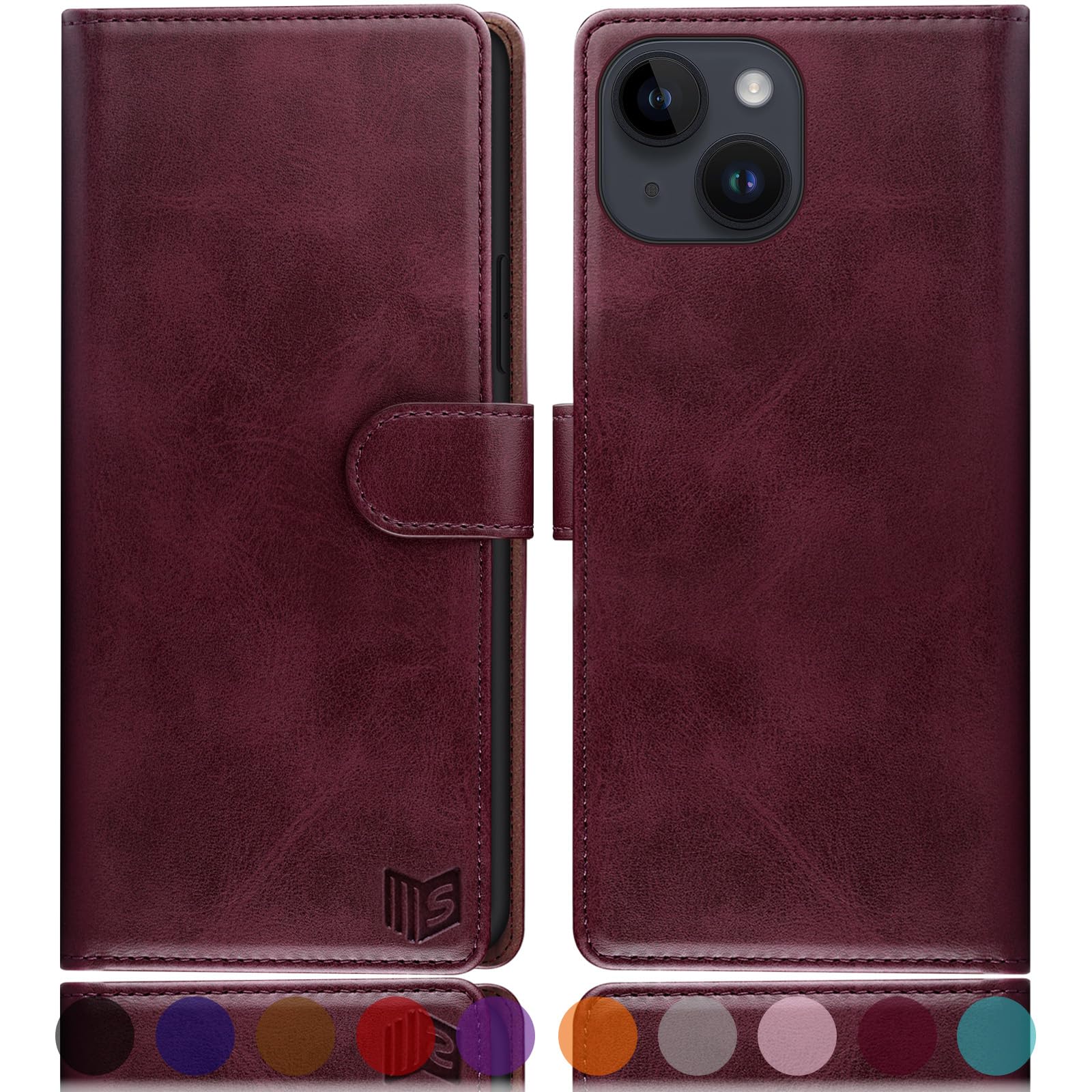 SUANPOT design for iPhone 15 Plus 6.7 inch case with [Credit Card Holder][RFID Blocking],PU Leather Flip Book Protective Cover Women Men for Apple 15 Plus Phone case Wine Red