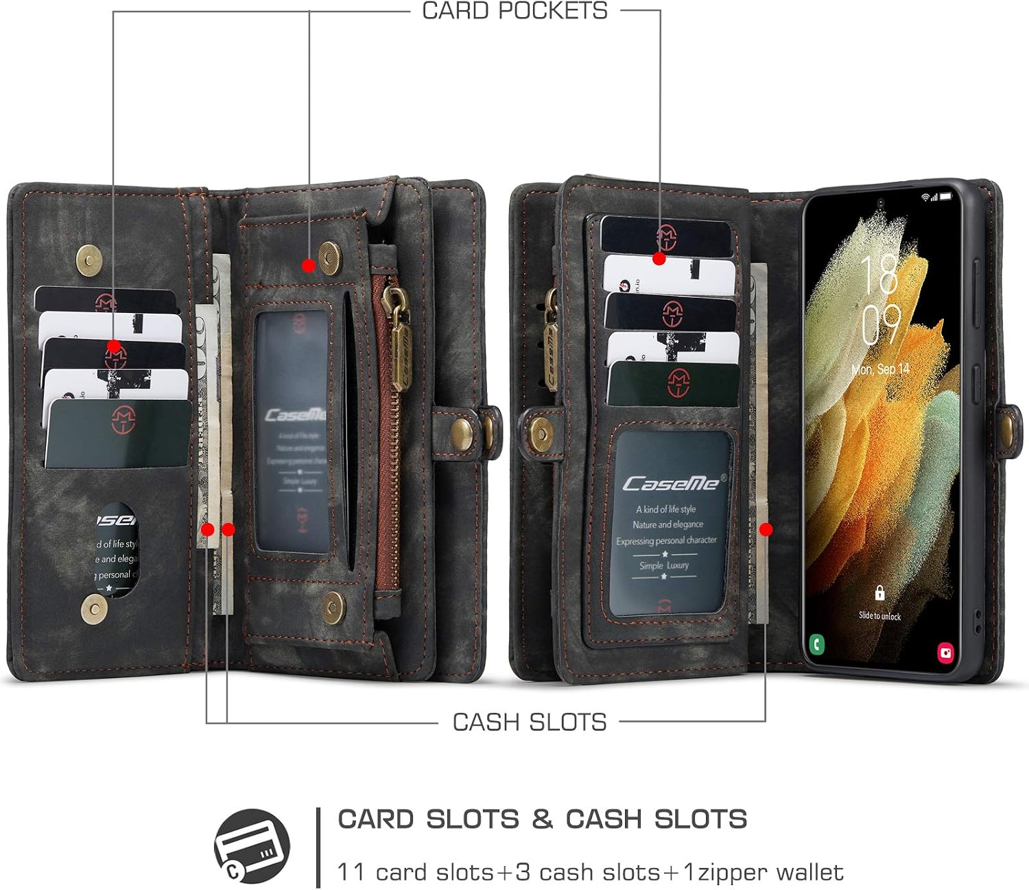 UFinetech Detachable Samsung Galaxy S21 Plus Case Wallet Magnetic Flip Design TPU Leather Card Holder Slot Zipper Stylish Luxury 2-in-1 Cover Purse Holster for Samsung Galaxy S21+ 5G 2021 Black - Image 3
