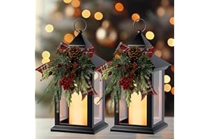 AFINETH Christmas Decorative Lanterns, Black Lantern Decor with Timer Candle, 14 Inch Vintage Farmhouse Outdoor Lanterns, Waterproof Hanging Christmas Lantern for Indoor Outdoor, 2 Pack
