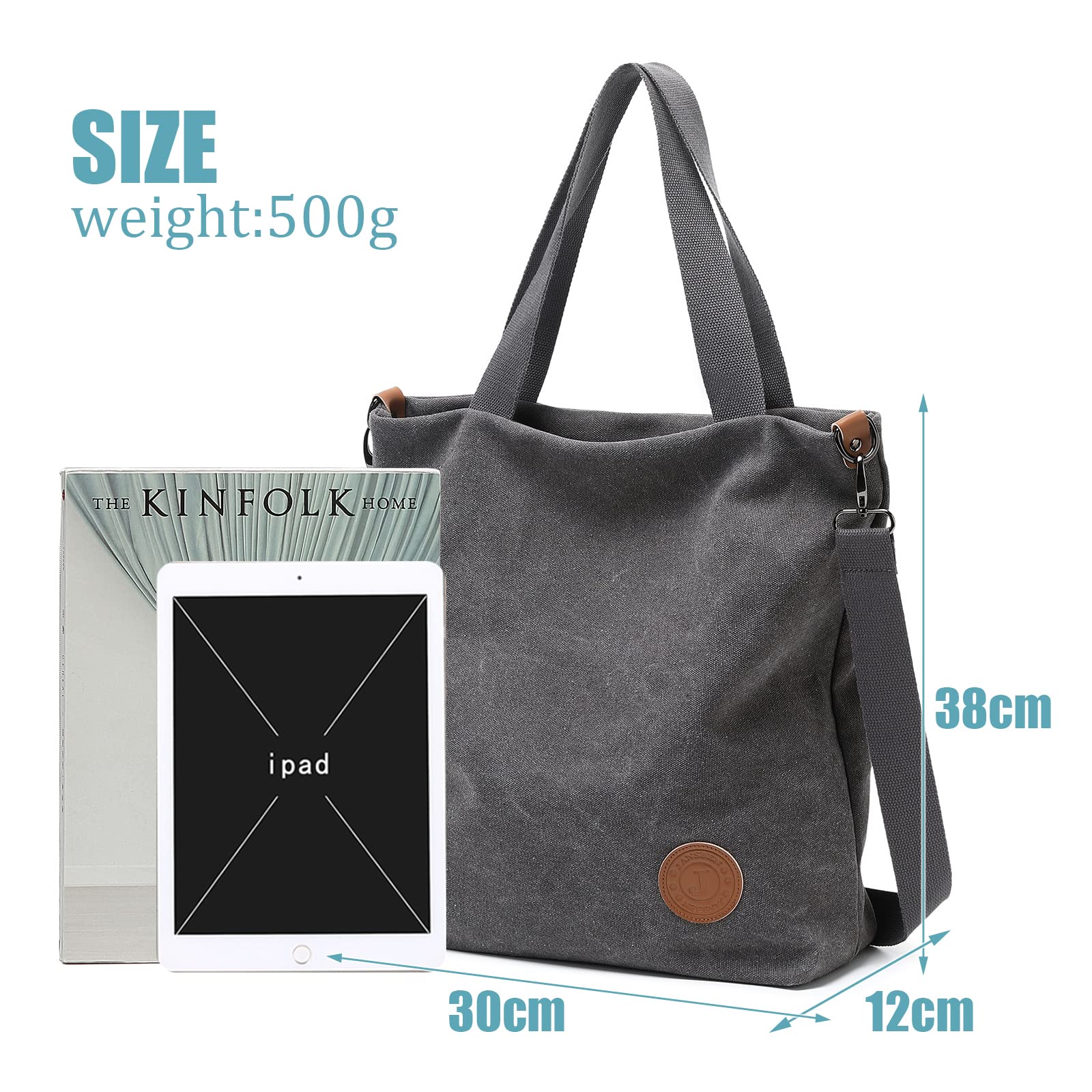 JANSBEN Women's Canvas Handbag, Shoulder Bag, Casual, Multifunctional Shoulder Bags, Large, for Work, School, Shopping, Casual and Daily Use, gray, Casual