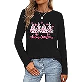Women's Christmas Shirts Long Sleeve Merry Christmas Tree Shirts for Women Xmas Holiday Party Tees Tops