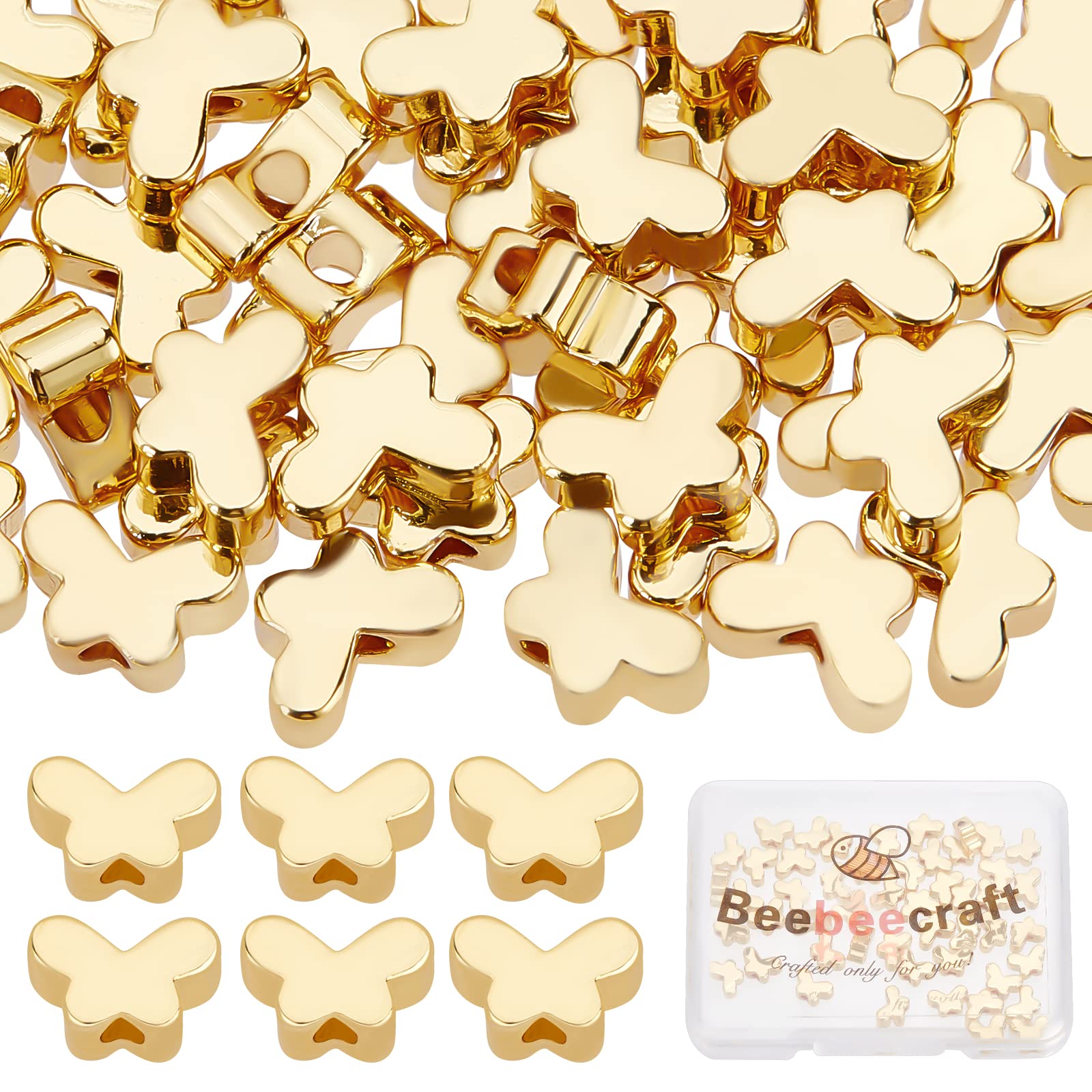 Beebeecraft 50Pcs/Box Butterfly Spacer Beads 18K Gold Plated Butterfly Shaped Beads Charm 5x7mm Loose Jewelry Making for DIY Bracelet Earring Necklace