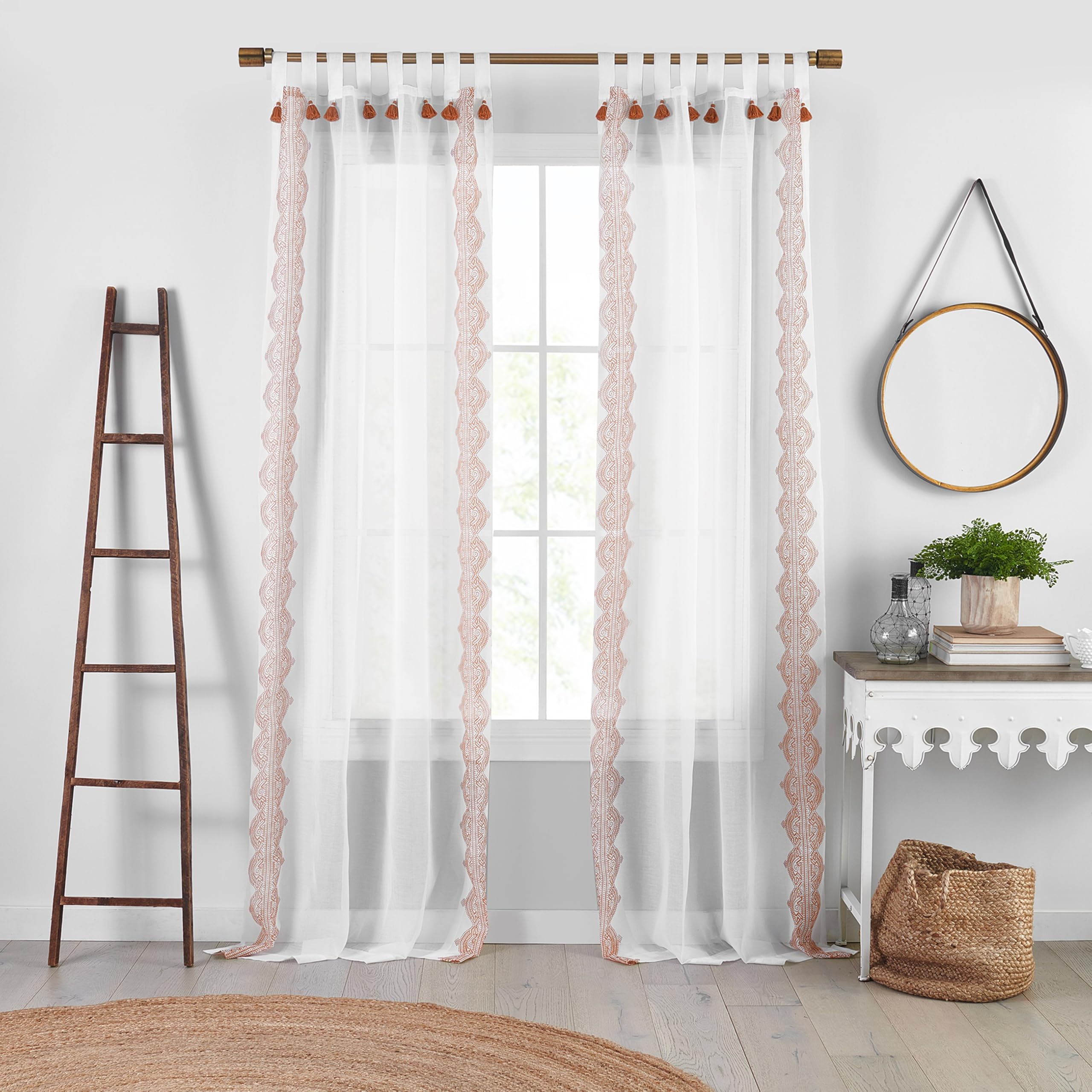 Elrene Home Fashions Shilo Boho Sheer Tab Top Window Curtain Panel with Tassels, 52"x95" (1, Terracotta