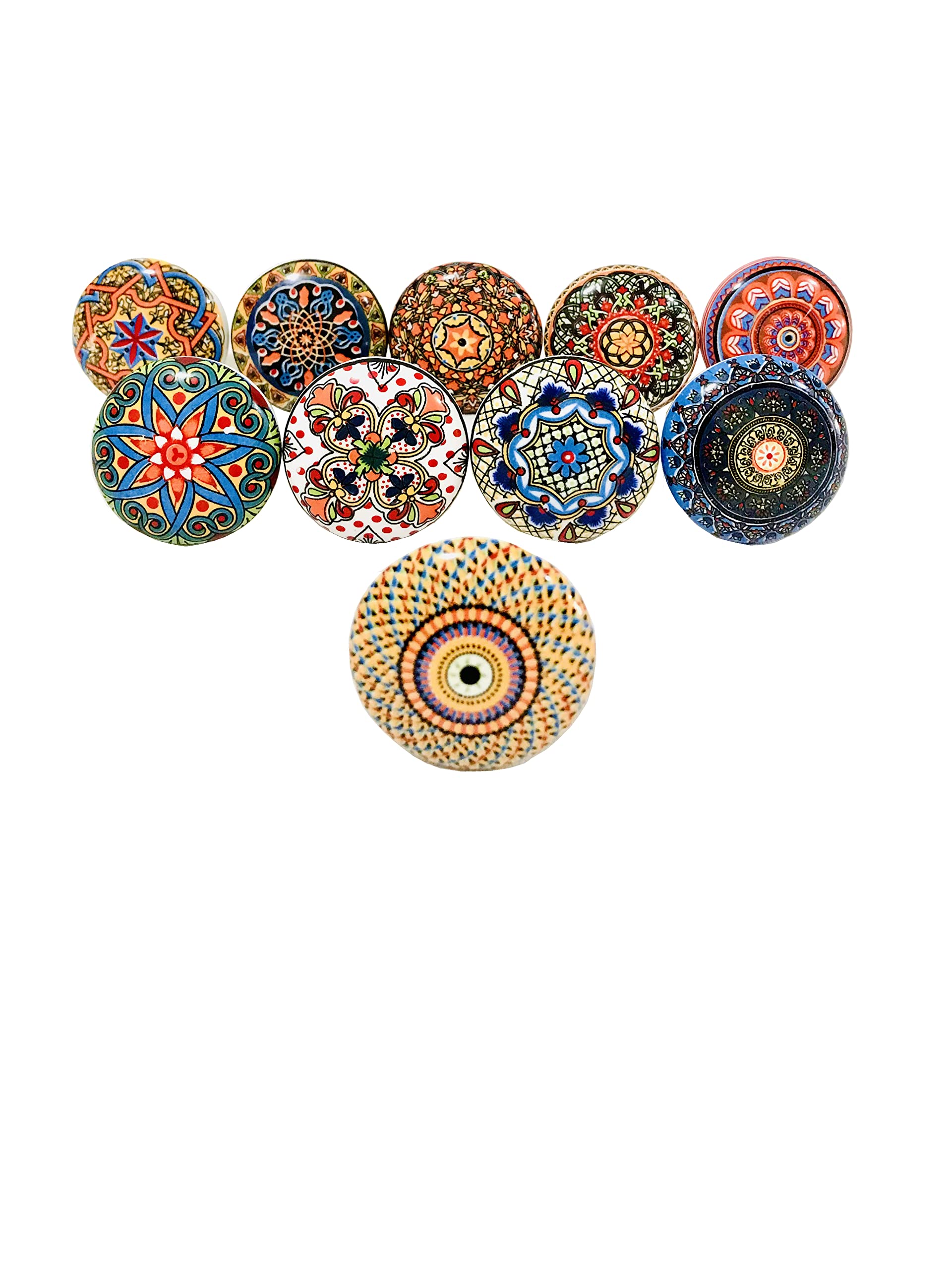 Gavya International Multicolour Vintage Meenakari Hand Painted Ceramic Pull Knobs for Kitchen Cabinet, Door & Drawer, Wardrobe, Cupboard (Set of 10)