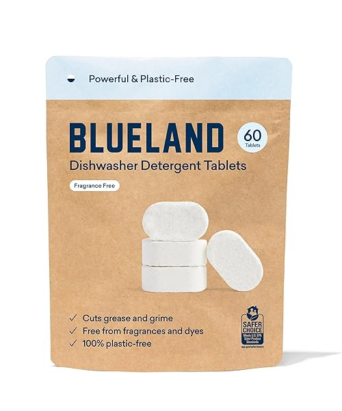 BLUELAND DISHWASHER DETERGENT TABLETS, 60 COUNT, UNSCENTED PLASTIC-FREE ECO FRIENDLY DISHWASHING PODS, NATURAL, NON TOXIC, SUSTAINABLE