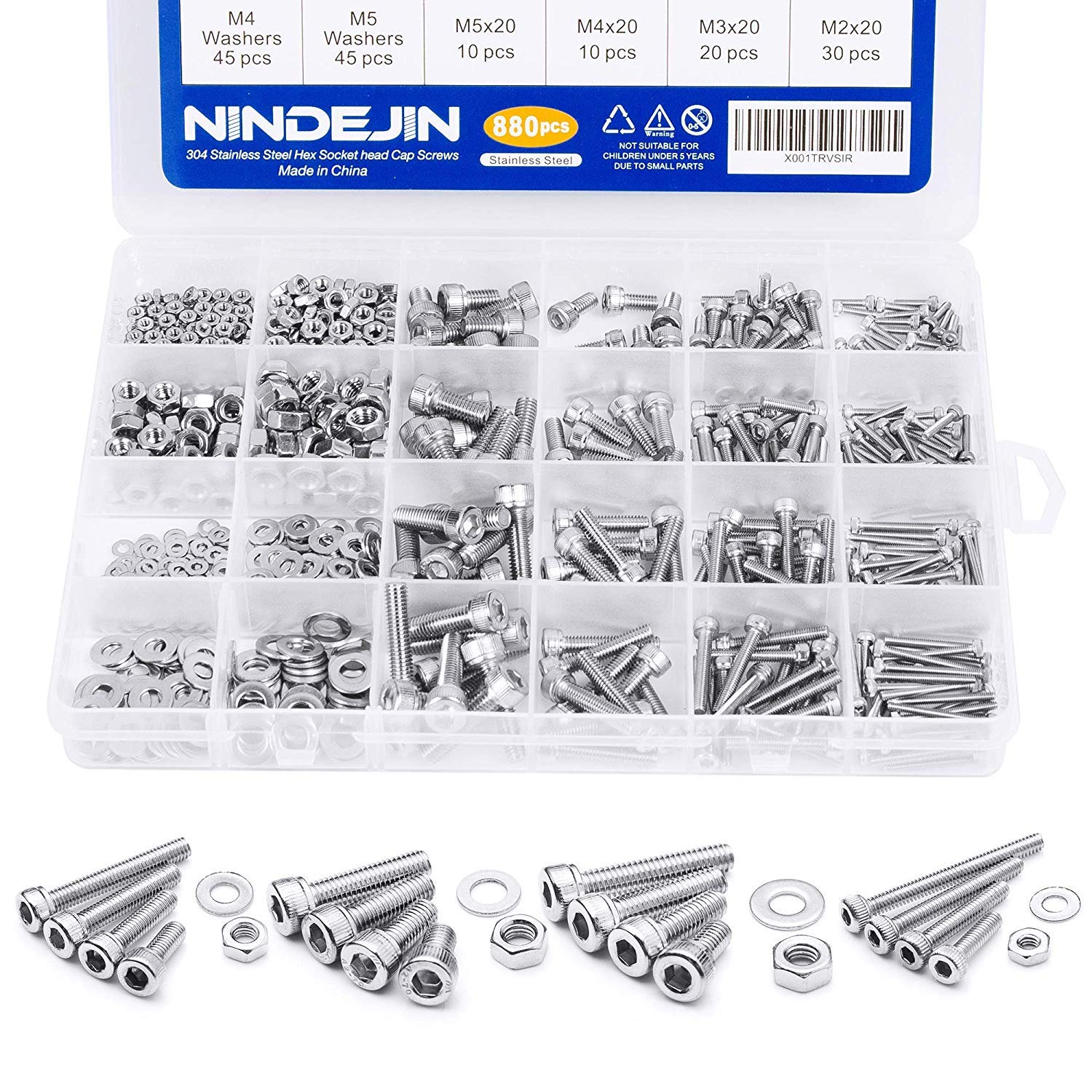 NINDEJIN 880Pcs Screw Bolts and Nuts Set, Metric M2 M3 M4 M5 Hex Socket Cap Head Screw, Washer and Hex Wrenches, 304 Stainless Steel Machine Screws Assorted Kit for Industrial Electronic Household DIY โ image 1