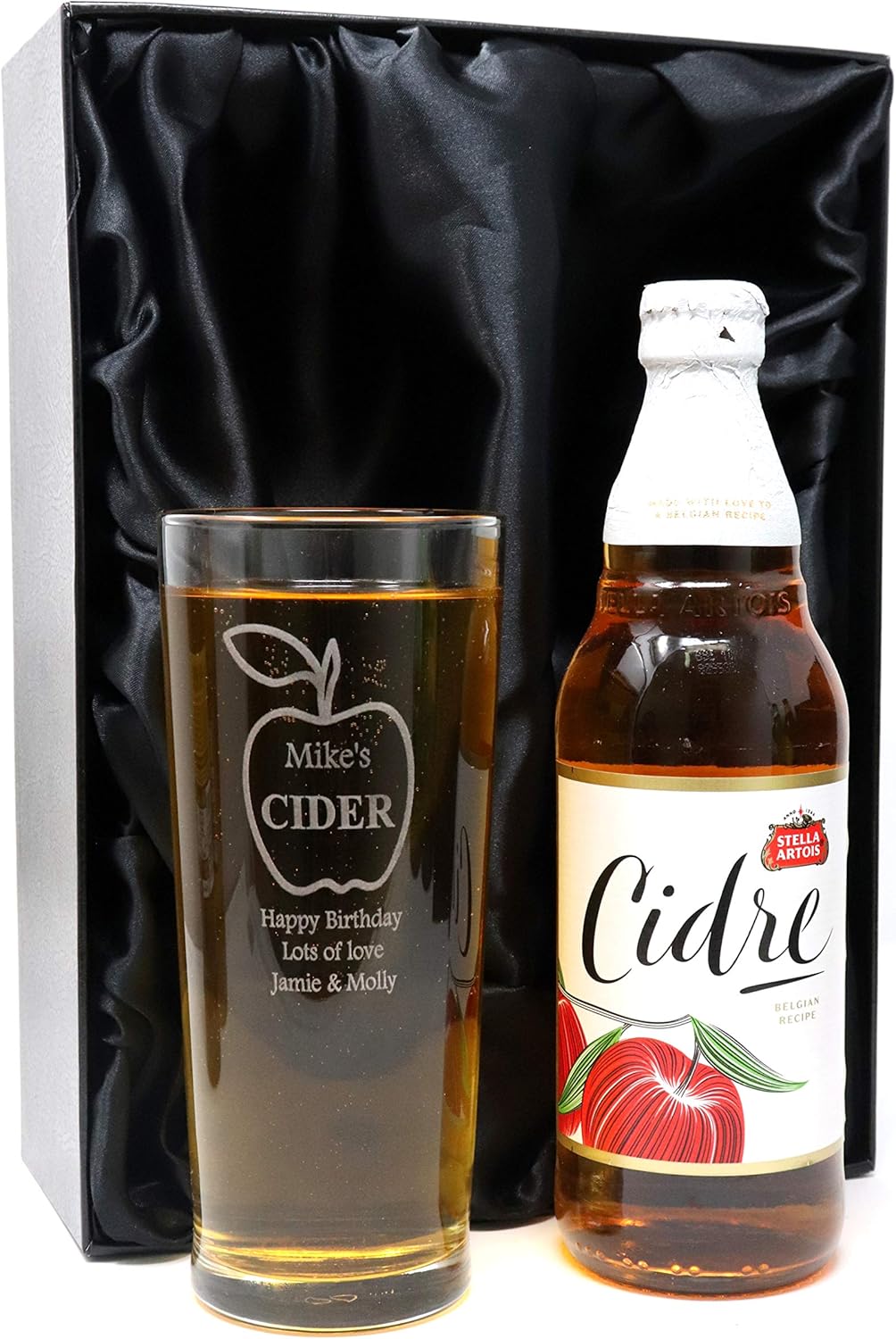 Engraved/Personalised *Apple Cider Design* New Pint Glass & Bottle of Cider Set in Silk/Satin