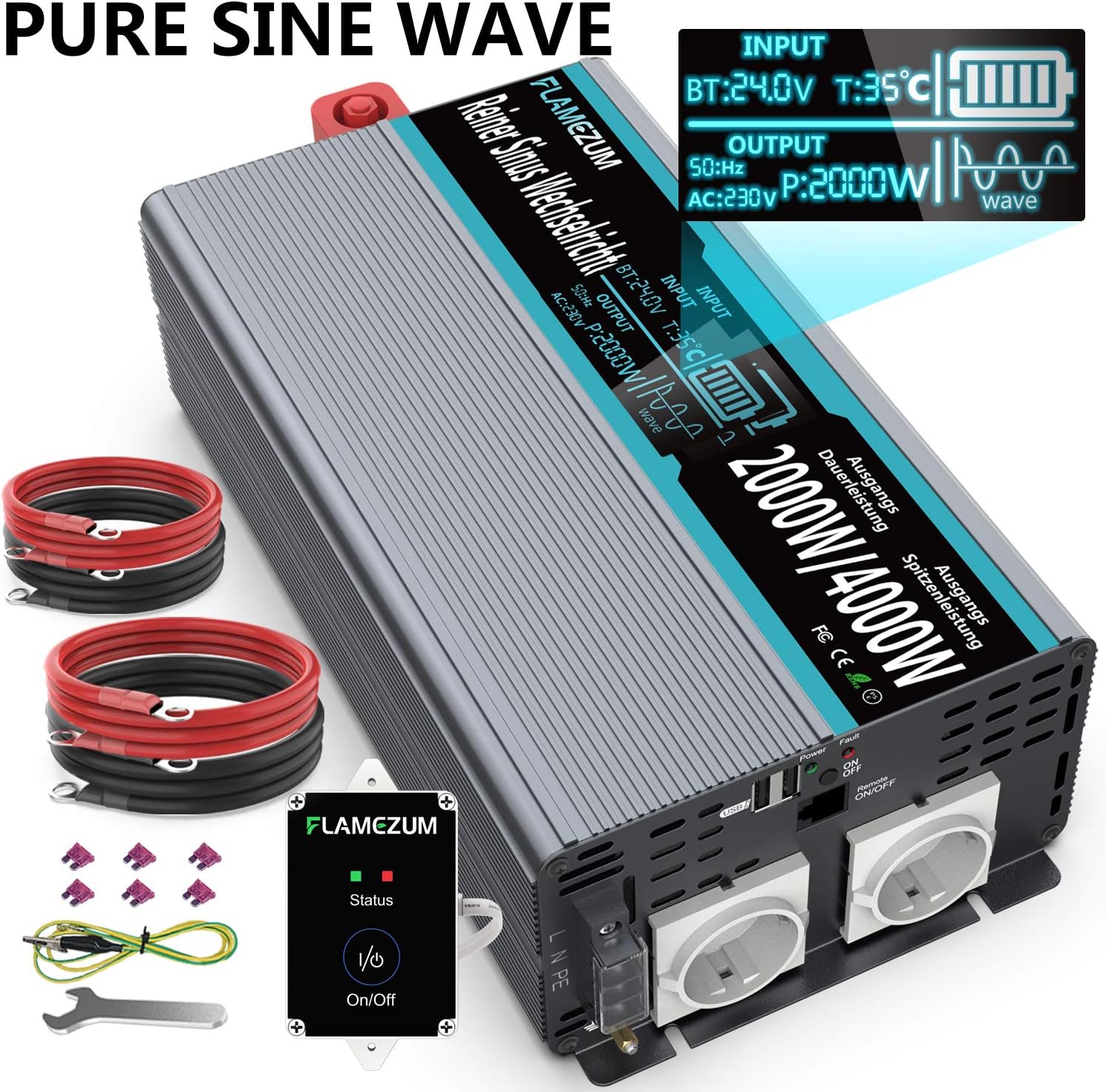 Convertisseur Pur Sinus 2000W Onde Pur Sinus Onduleur DC 24V à AC 220V