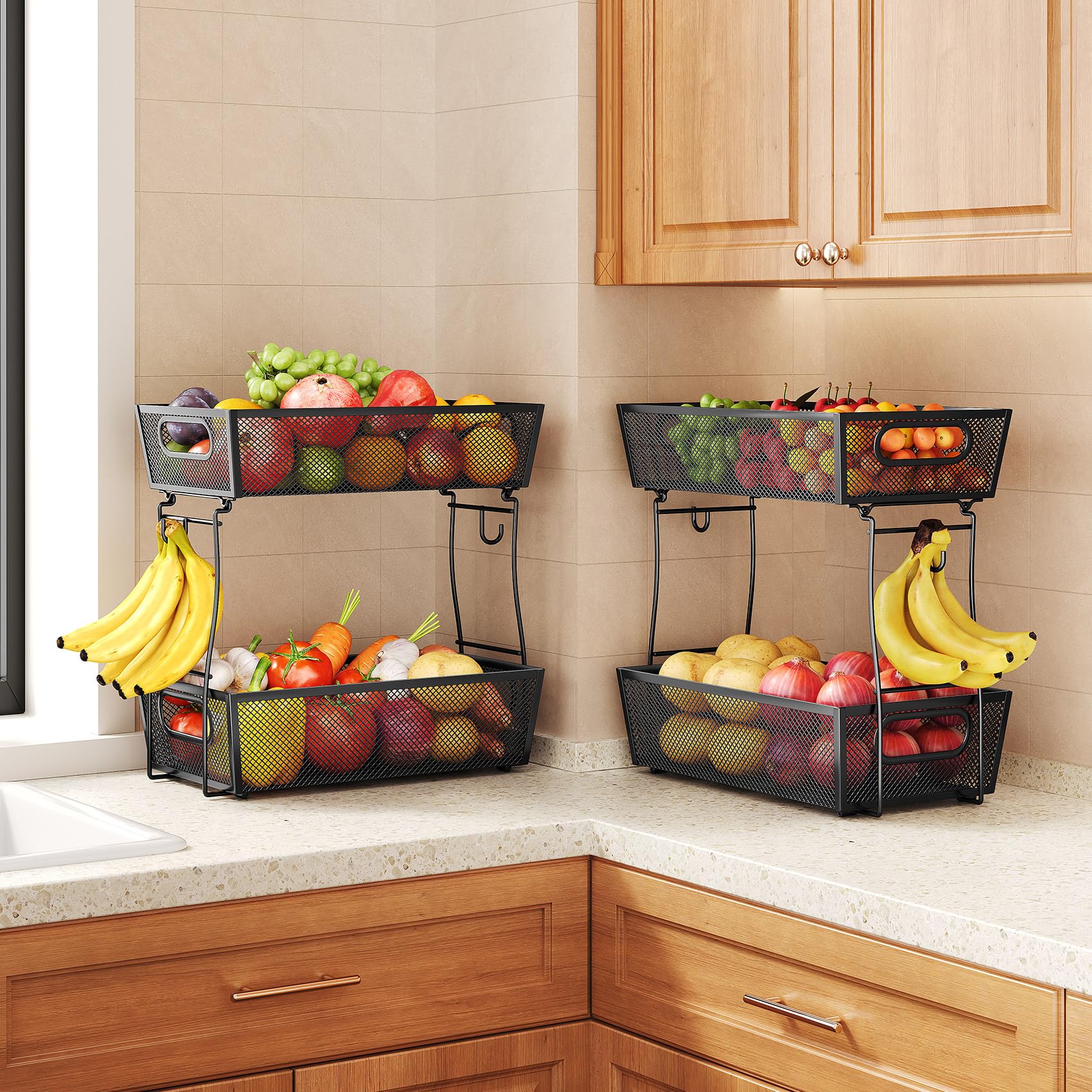 Photo 1 of 2 Tier Fruit Basket Bowl for Kitchen Counter with 2 Banana Hangers, Countertop Metal Mesh Basket Stand Fruit Holder for Veggies Onion Potato Bread Snack, 2 Pack