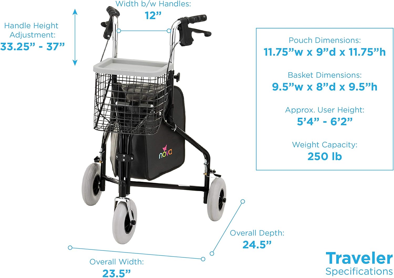NOVA Traveler 3 Wheel Rollator Walker, All Terrain 8” Wheels, Includes Bag, Basket and Tray, Black: Health & Personal Care
