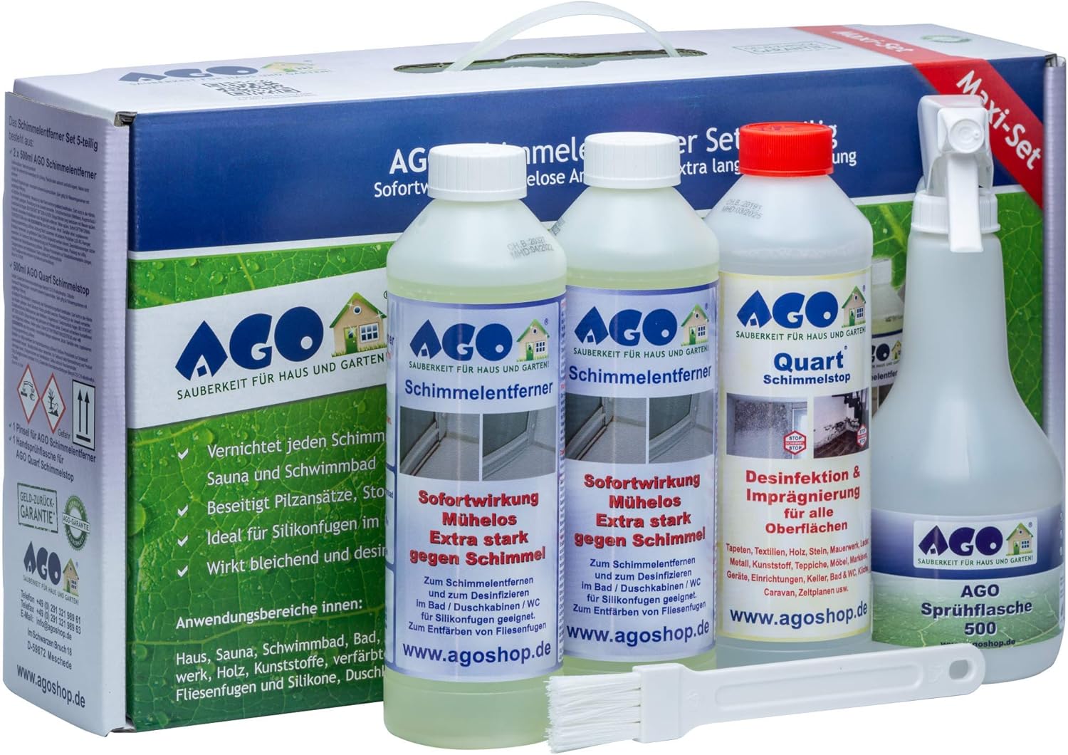 AGO® Schimmel Blocker Set 5-teilig I 2X Schimmelentferner 1x Handsprüher für 1x Schimmelstop + Pinsel I Effektiver Schimmelreiniger Anti-Schimmel-Mittel-Paket Schimmelpilzentferner-System Fungizid