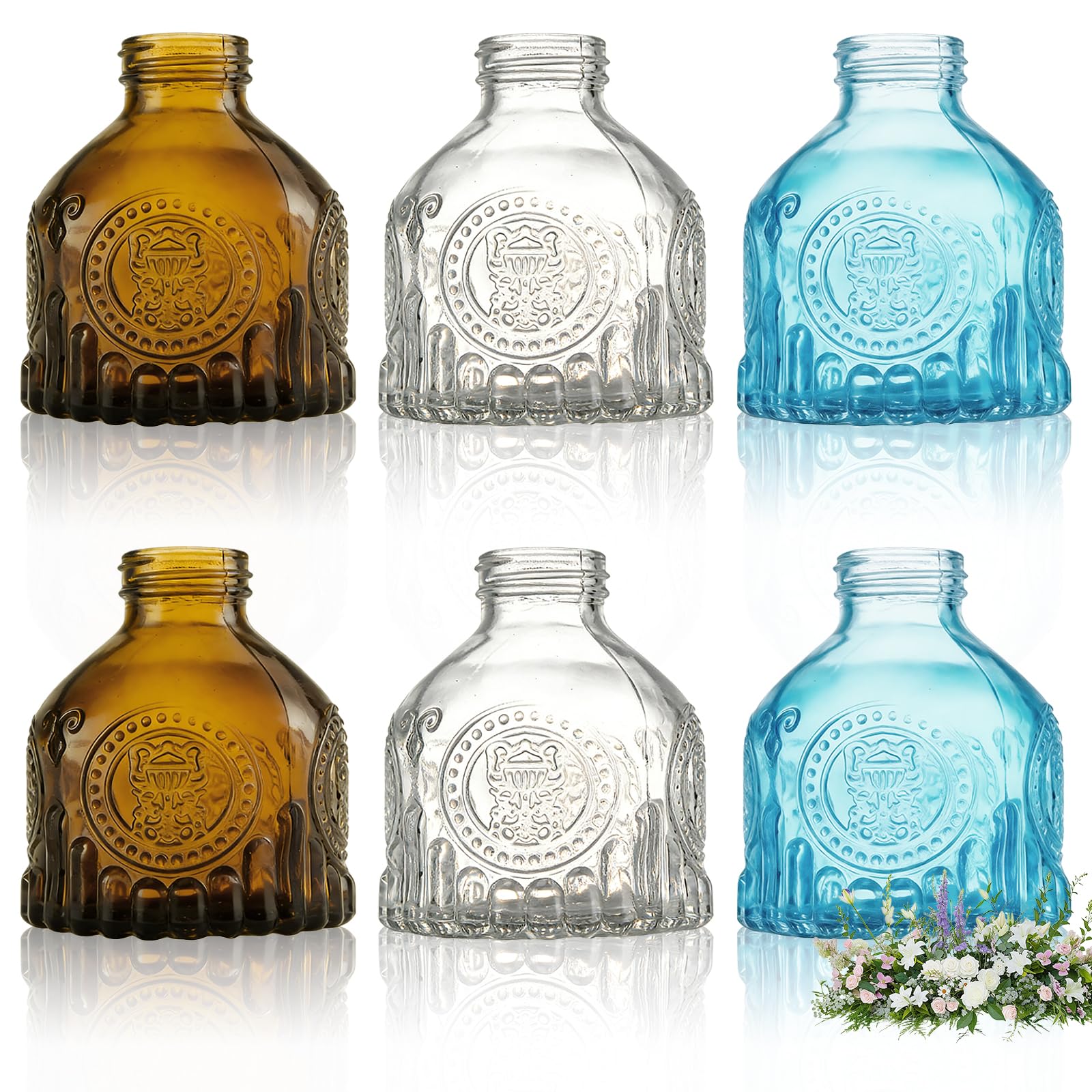 MEETOZ Glass Bud Vases Set of 6,Mini Vintage Bottles,for Home Wedding Party Event Office,Petite Modern Glass Flower Vase Floral Arrangements (Mixed Color)