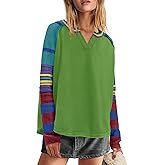 Panadila Womens Striped Long Sleeve Shirt Color Block Raglan Shirt V Neck Patchwork Pullover Tops Casual Cute Top