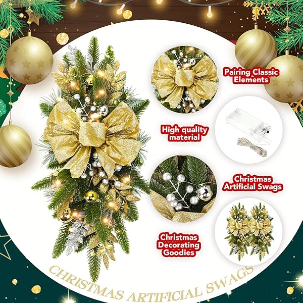 LYROW 8 PCS CHRISTMAS ARTIFICIAL SWAGS 24″ XMAS THE CORDLESS PRELIT STAIRWAY SWAG TEARDROP TRIM WREATH DOOR STAIR SWAG GARLAND CHRISTMAS SWAGS FOR OUTDOOR HOME GARDEN DECOR(GOLD,RETRO)