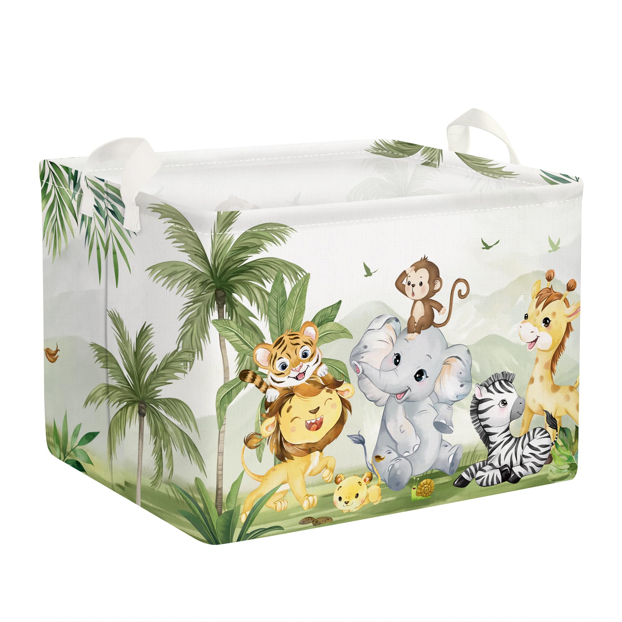 Clastyle Tropical Animal Baby Laundry Hamper Collapsible Clothes Kids Storage Basket Waterproof Boys Girls Toy Box for Nursery Room, Lion Elephant, 40x30x30 cm