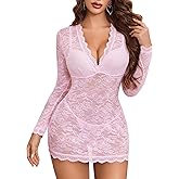 Avidlove Women's Lace Long Sleeve Babydoll Lingerie Dress And Thong Set Sexy Deep V-Neck Party Clubwear Outfits Mesh Bodycon