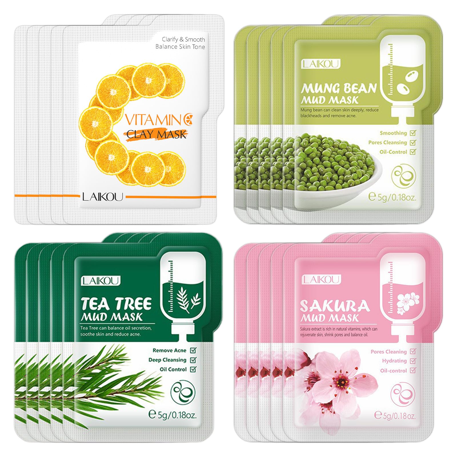 20 PCS Clay Face Mask Clay Mask Green Tea Deep Cleanse Mask Natural Clay Masks Skincare Deep Cleansing Natural Plant Extracts Face Masks Skincare for All Skin Types