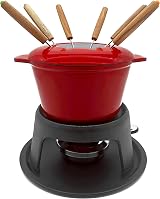 Andrew James Fondue Set Red Enamel Cast Iron with Gel Burner 8 Forks view 1