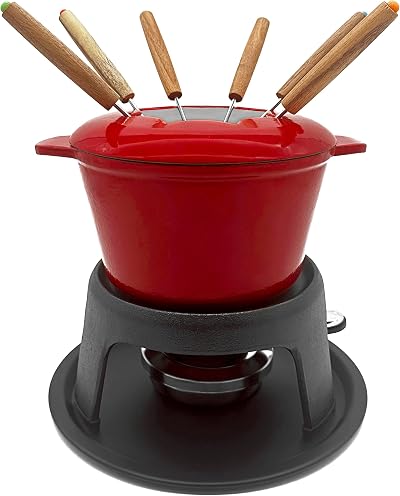 Andrew James Fondue Set Red Enamel Cast Iron with Gel Burner 8 Forks
