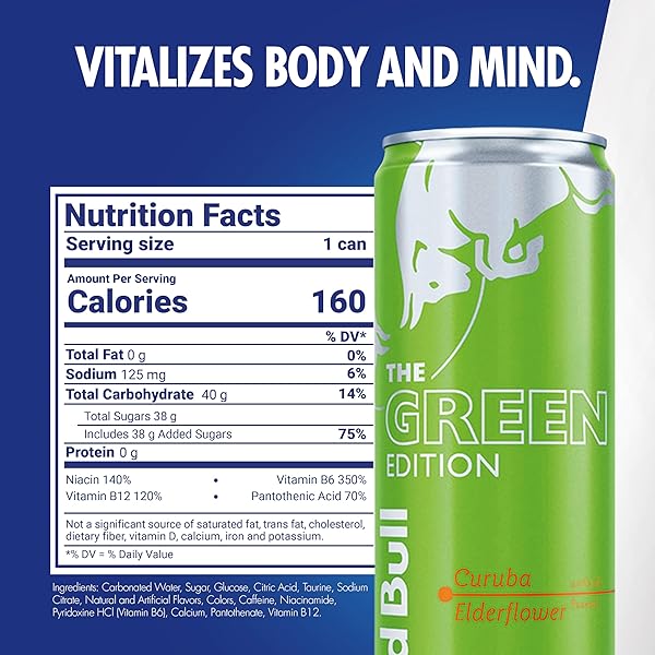 RED BULL GREEN EDITION ENERGY DRINK, CURUBA ELDERFLOWER, WITH 114MG CAFFEINE PLUS TAURINE & B VITAMINS, 12 FL OZ, PACK OF 4 CANS