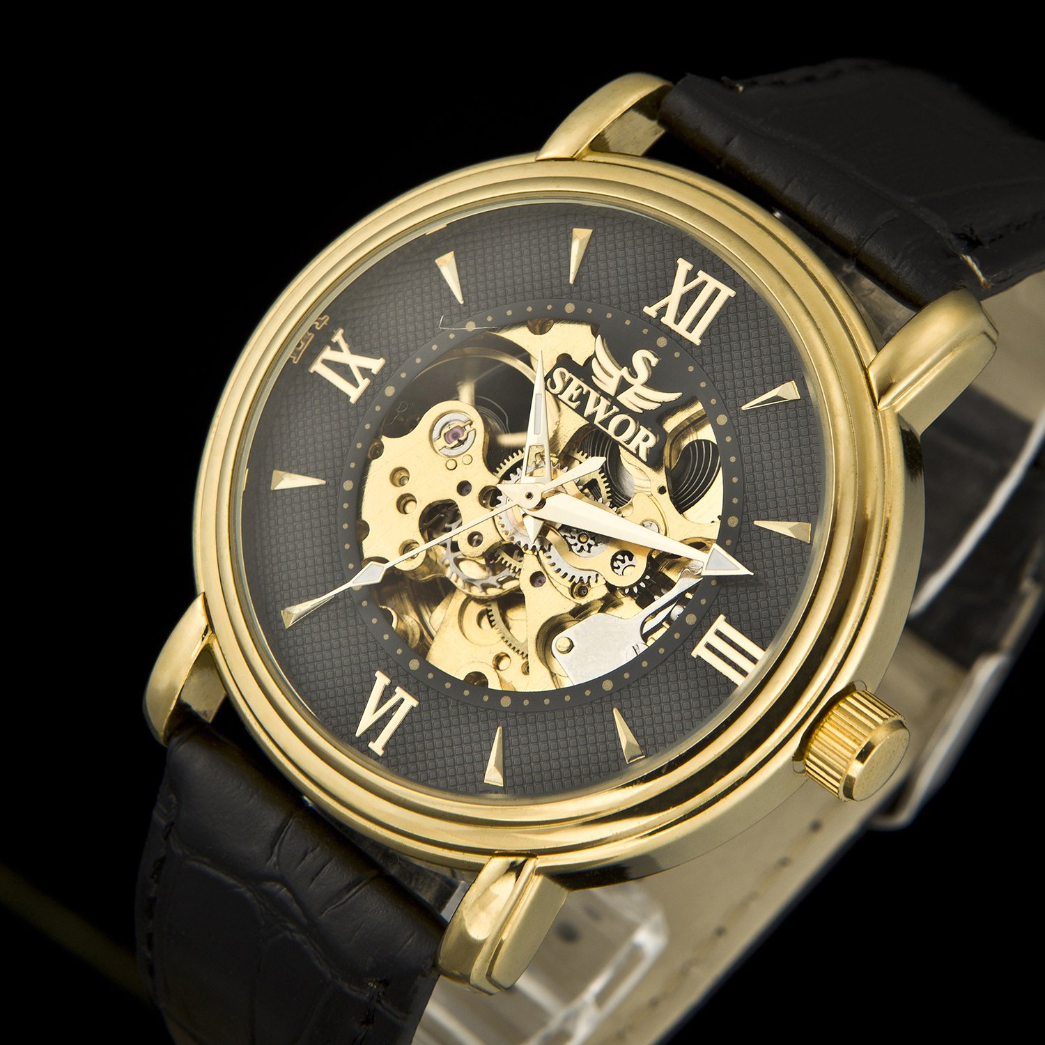 Sewor Men\'s Dress Mechanical Hand Wind Gold Movement Leather Wrist Watch (Brown Gift Box) (Gold Silver)