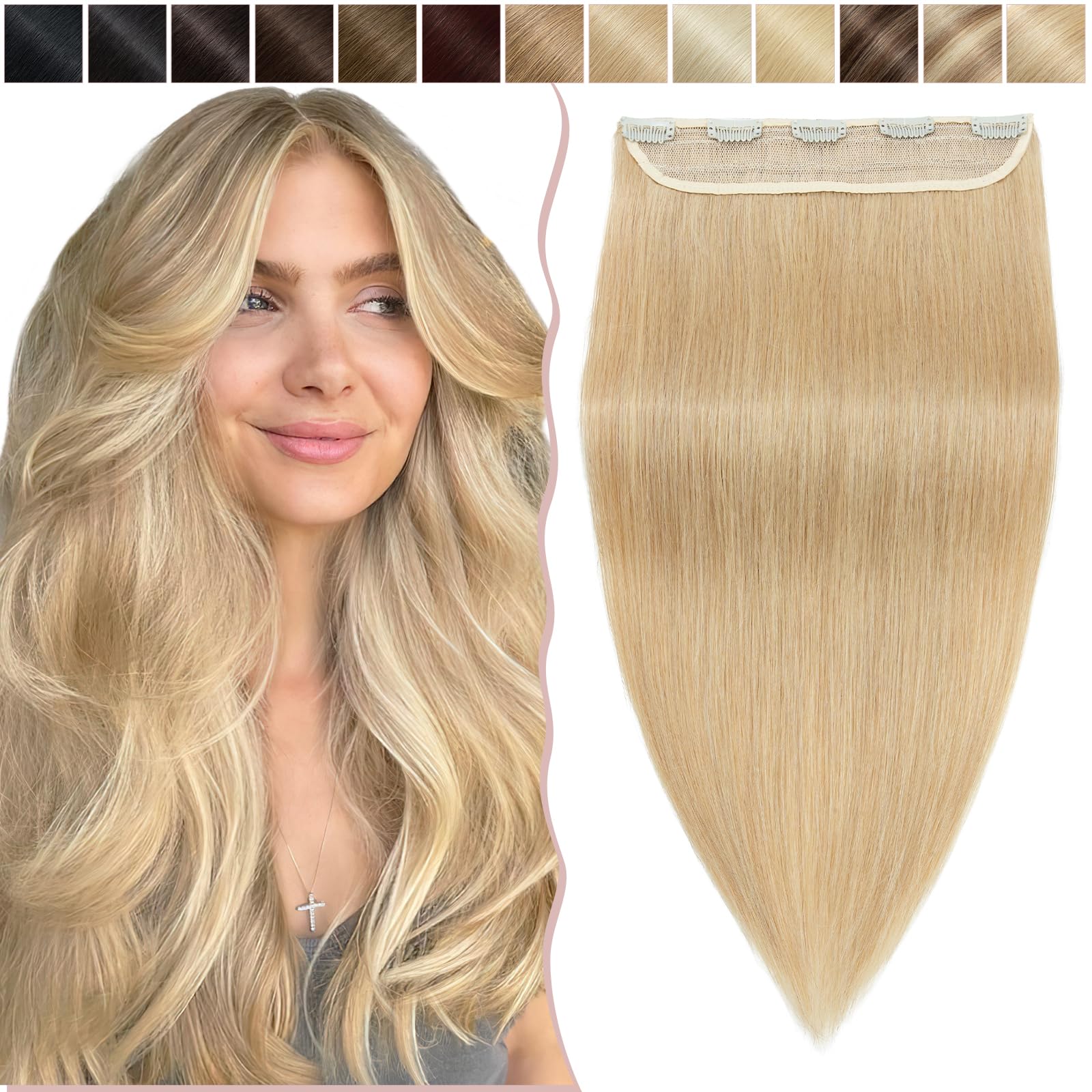 12 inch SEGO One Piece Clip in Real Remy Human Hair Extensions THICK [#24 Natural Blonde] Hairpieces for Women 3/4 Full Head Straight (70g)