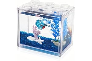TSXUREPAW Small Betta Fish Tank, Mini Fish Tank Aquarium Tank Kit with Blue Gravel & Resin Decorations, 0.6 Gallon Stackable Fish Bowl Tiny Desktop Aquarium for Sea Monkey Shrimp
