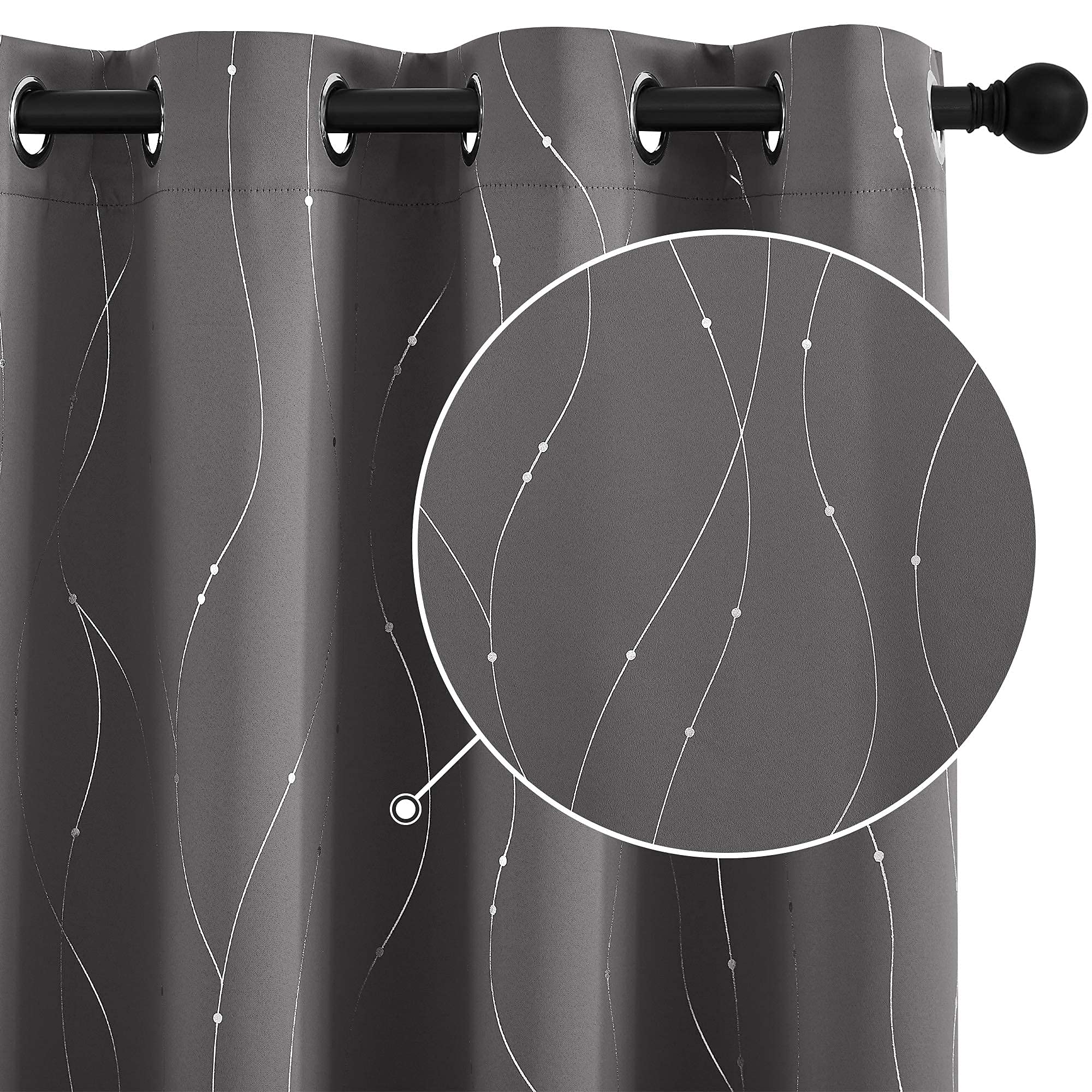 StangH Grey Printed Blackout Curtains - Grommet Thermal Insulated Privacy Protect Curtains with Silver Wave Lines Pattern for Kitchen/Small Window, W52 x L45 inches, Grey, 2 Panels