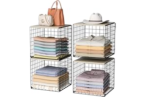 HENCAWIMA 4-Tier Stackable Closet Organizers and Storage Basket, Shelves with Wood Top, Foldable Clothes Storage Bin/Cube Drawer Organizer for Wardrobe, Space-Saving, Closet Organization,Black(Patent Pending) ﻿