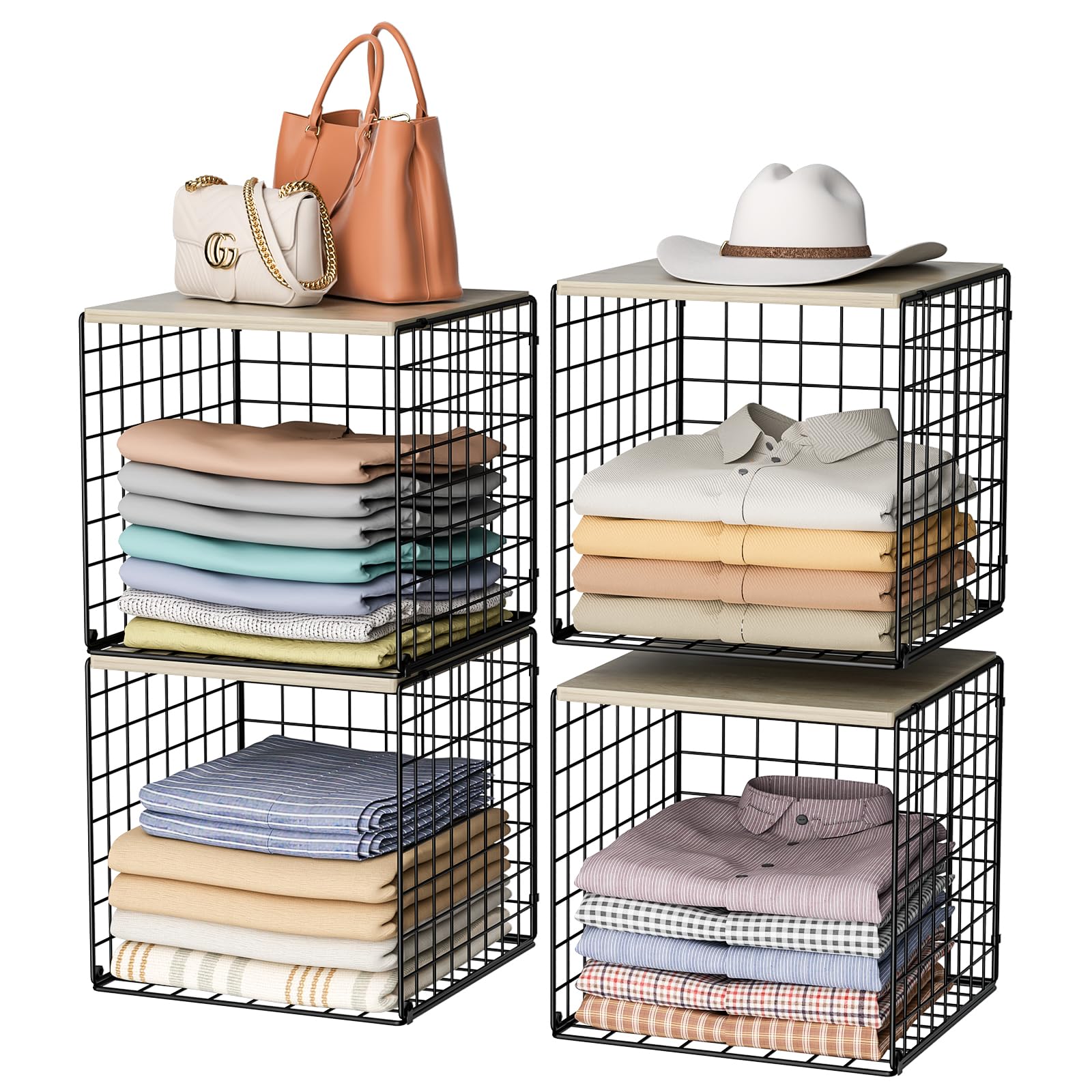 Photo 1 of 4-Tier Stackable Closet Organizers and Storage Basket, Shelves with Wood Top, Foldable Clothes Storage Bin/Cube Drawer Organizer for Wardrobe, Space-Saving, Closet Organization,Black(Patent Pending) ?