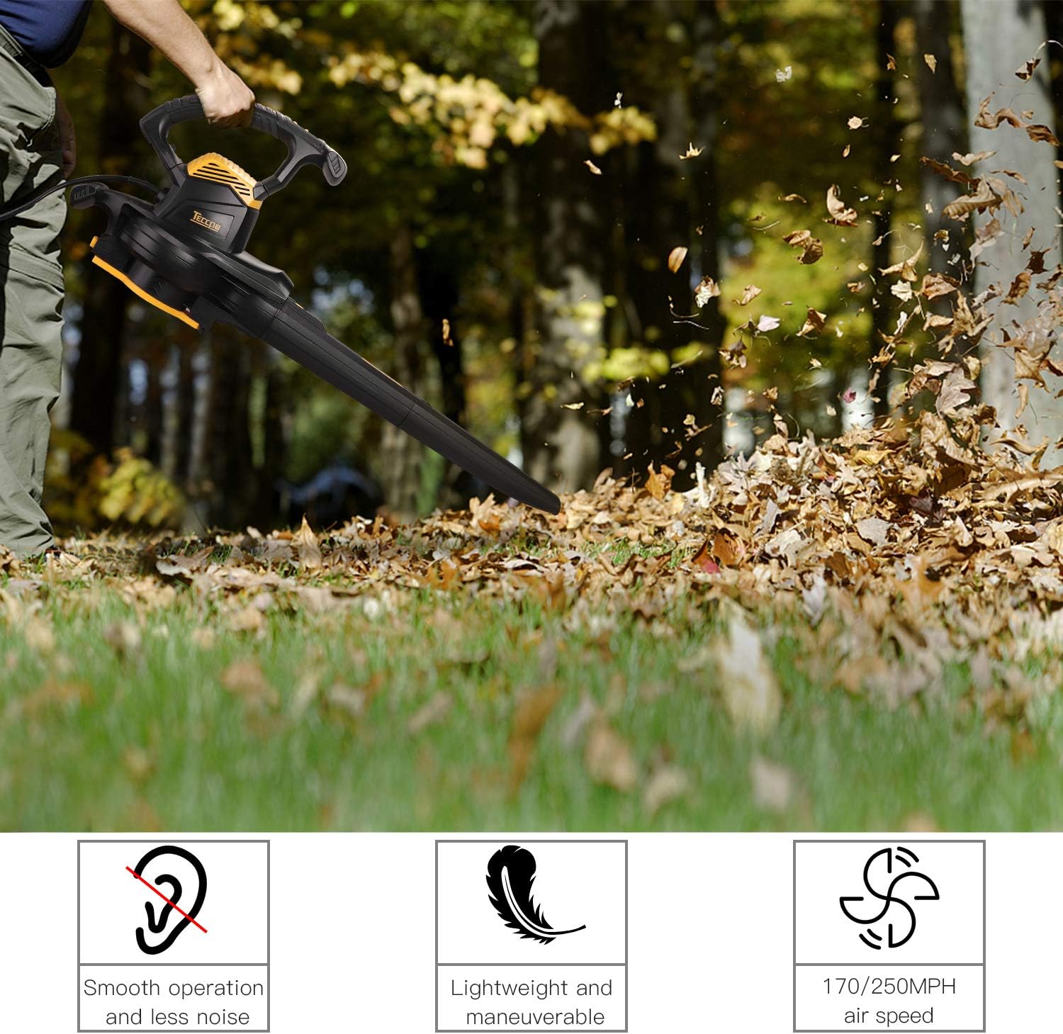 TECCPO Leaf Vacuum, 12 Amp 3-in-1 Leaf Blower/Vacuum/Mulcher, Mulching Ration of 16:1, Variable Blow Speed of 170/250mph, 280/410 CFM, 40L Collection Bag - TABV01G : Garden & Outdoor