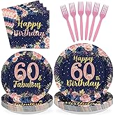 96Pcs 60th Birthday Party Decorations for Womens Navy Blue Rose Gold Floral 60th Birthday Plates and Napkins Sets for Women Girls Back in 1965 Cheers to 60 Years Old Party Supplies Serves 24
