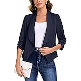 Anienaya Women's Silky Satin Lightweight Blazer 3/4 Ruched Sleeve Casual Cropped Open Front Cardigan
