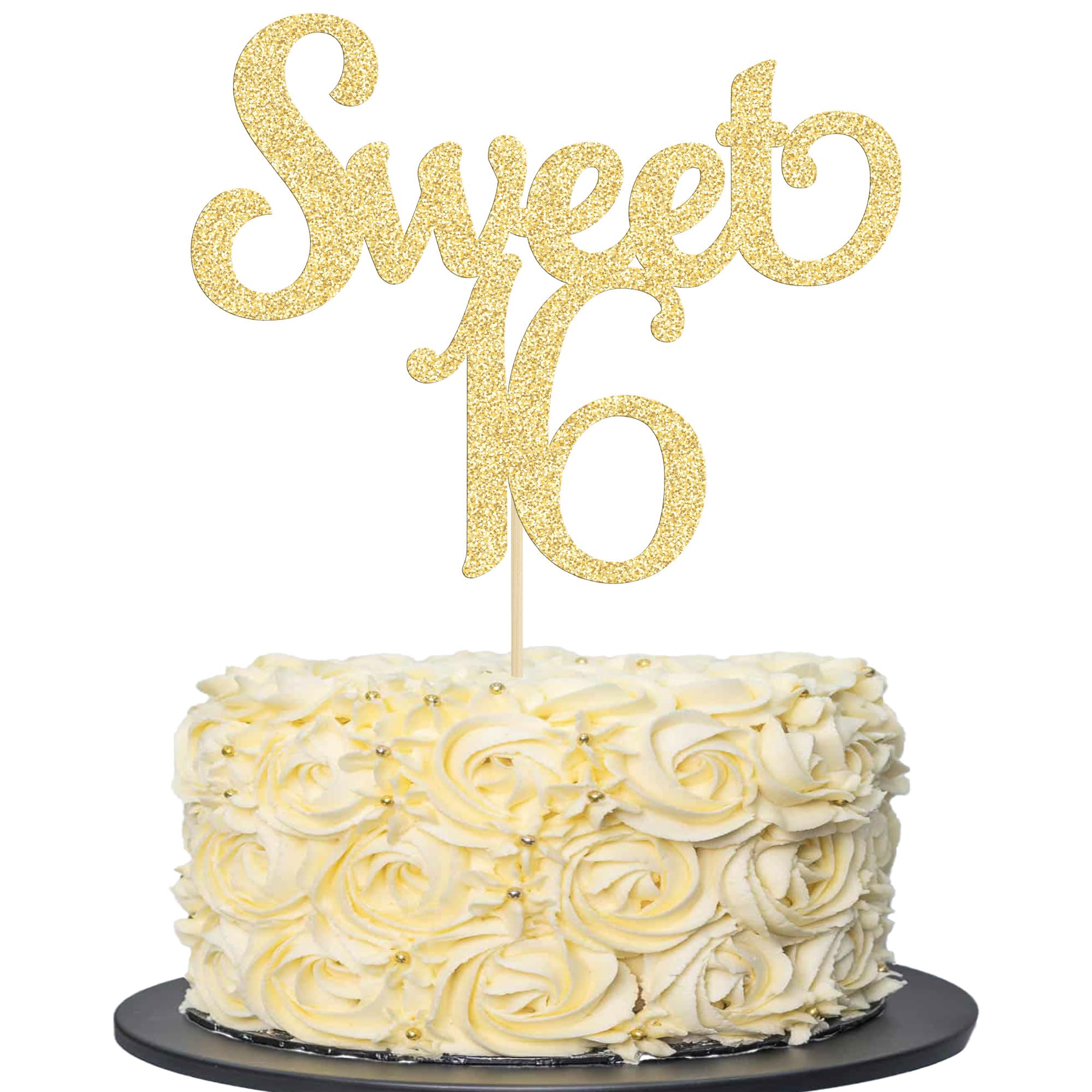 Gyufise Gold Glitter Sweet 16 Cake Topper for 16th Birthday Party Decoration