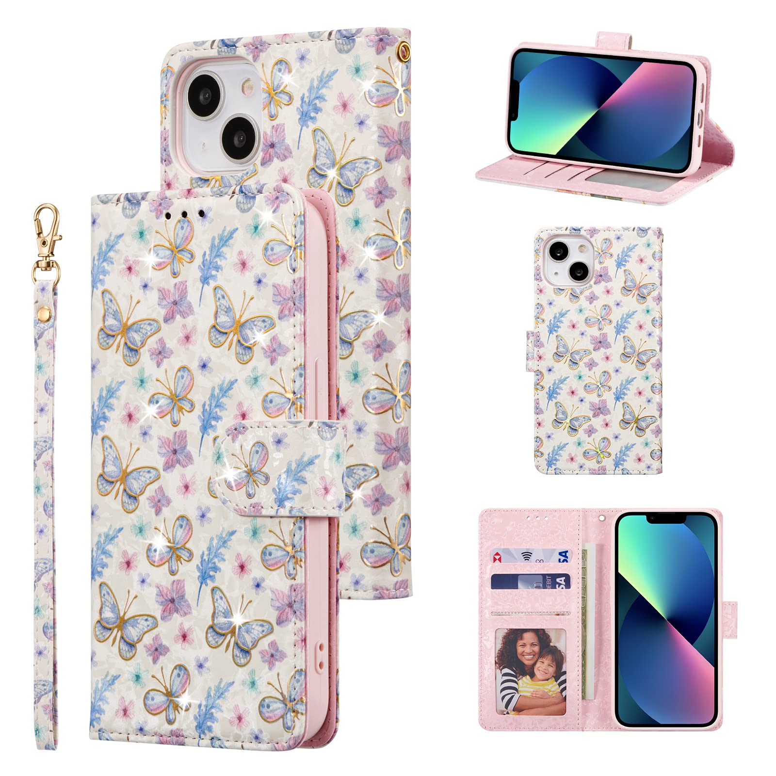 UEEBAI Wallet Case for iPhone 13 6.1 inch, PU Leather Phone Case Kickstand RFID Blocking Flip Case with Card Slots Wrist Strap Relief Engraved Pattern Magnetic Closure Folio Case - Butterfly — image 1