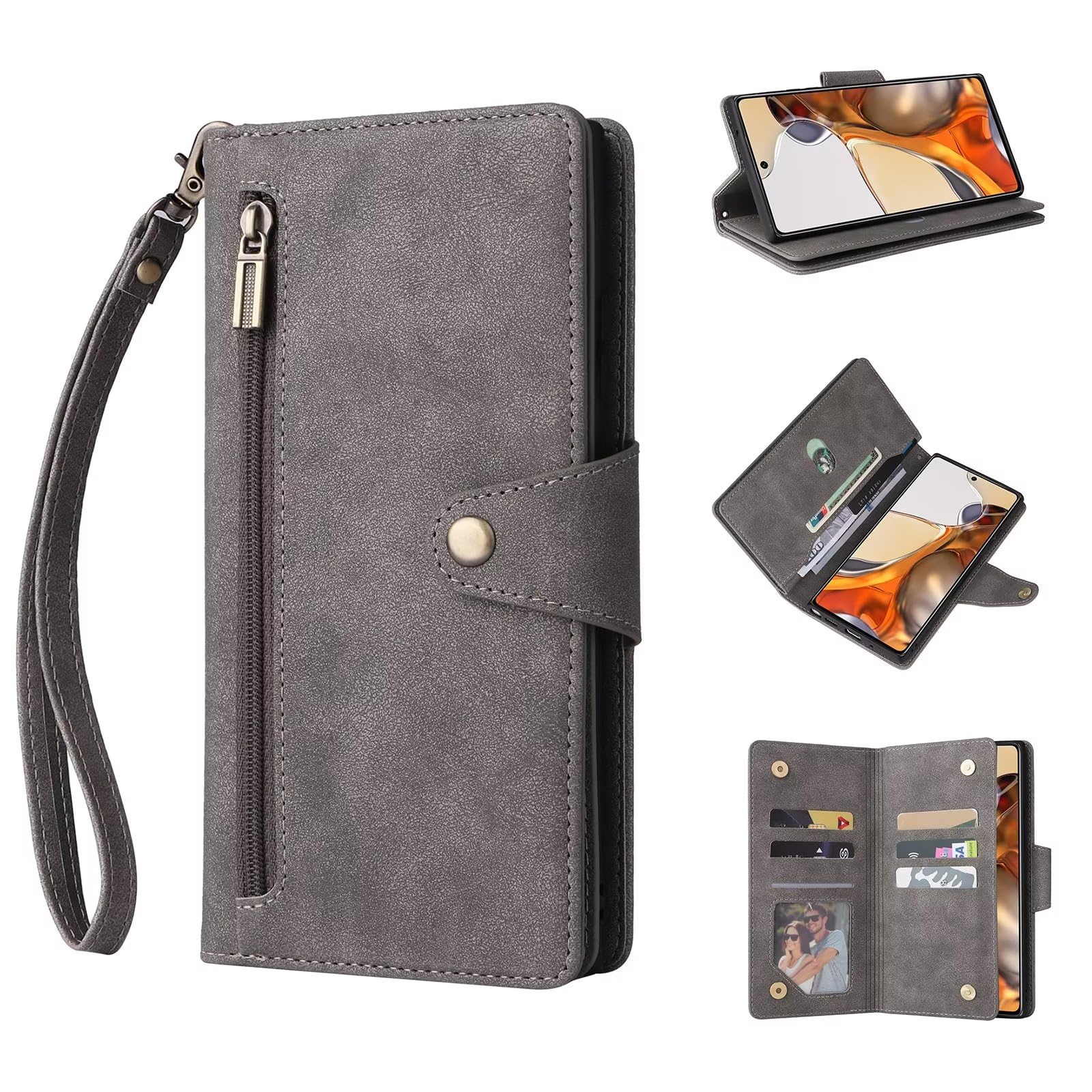 ESONG Wallet Case for Google Pixel 8 Pro,Premium PU Leather Zipper Pocket Magnetic Flip Stand Case Cover with Wrist Strap/Card Slots/Coin Pouch/Kickstand,Full Body Protection Phone Case -gray