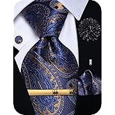 YourTies Silk Paisley Floral Tie and Pocket Square Cufflinks with Lapel Pin Sets for Men 5PC Wedding Party