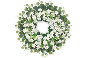 GLIDLION 26" Daisy & Eucalyptus Wreath for Front Door, Porch, Window - Large Artificial Silk Flowers Outdoor Wreath for Home, Farmhouse Decor - Spring, Summer, Fall, All Seasons (White & Green)