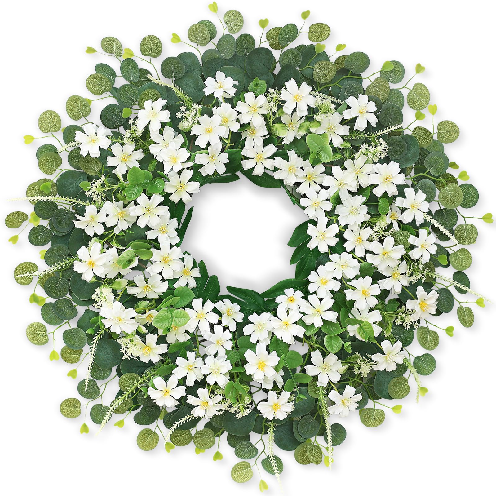 Photo 1 of 26" Daisy & Eucalyptus Wreath for Front Door, Porch, Window - Large Artificial Silk Flowers Outdoor Wreath for Home, Farmhouse Decor - Spring, Summer, Fall, All Seasons (White & Green)