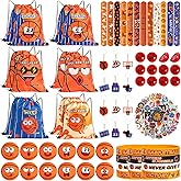 122 Pcs Basketball Party Favors for Kids - Themed Goodie Bag Set with 12 Funny Face Drawstring Bags & Stress Balls, Pull Back Cars, Wristbands, Slap Bracelets, Keychains, Stickers for Party Supplies