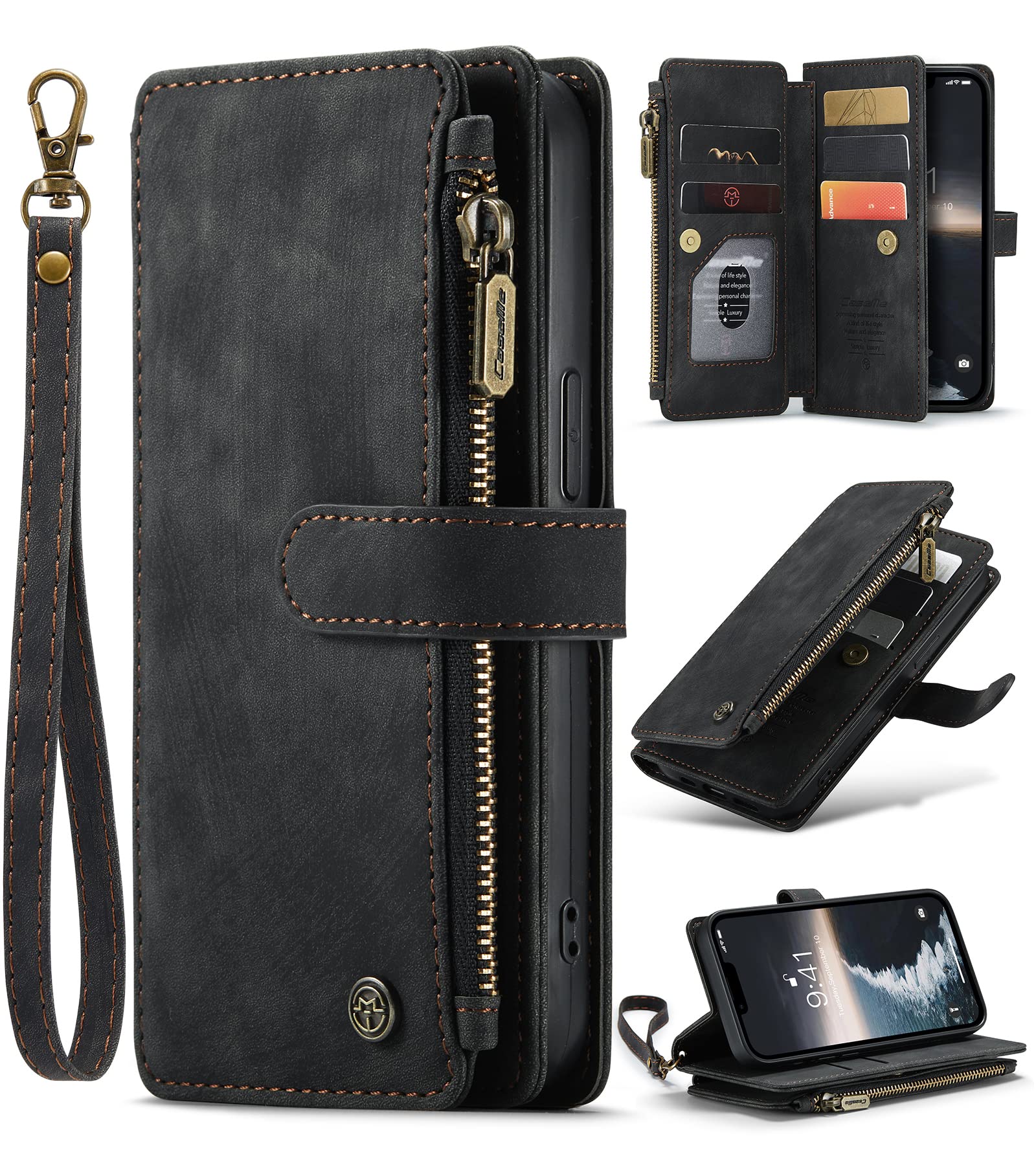 SeNool Case Compatible with iPhone 14, Premium Leather Wallet Case with [Credit Card Holder Slot] [Kickstand Flip] [Magnetic Closure] Protective Cover Compatible with iPhone 14 - Black