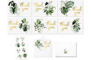 AnyDesign 36 Pack Summer Thank You Cards Bulk Tropical Palm Leaves Thank You Note Cards with Stickers Envelopes Gold Foil Tha