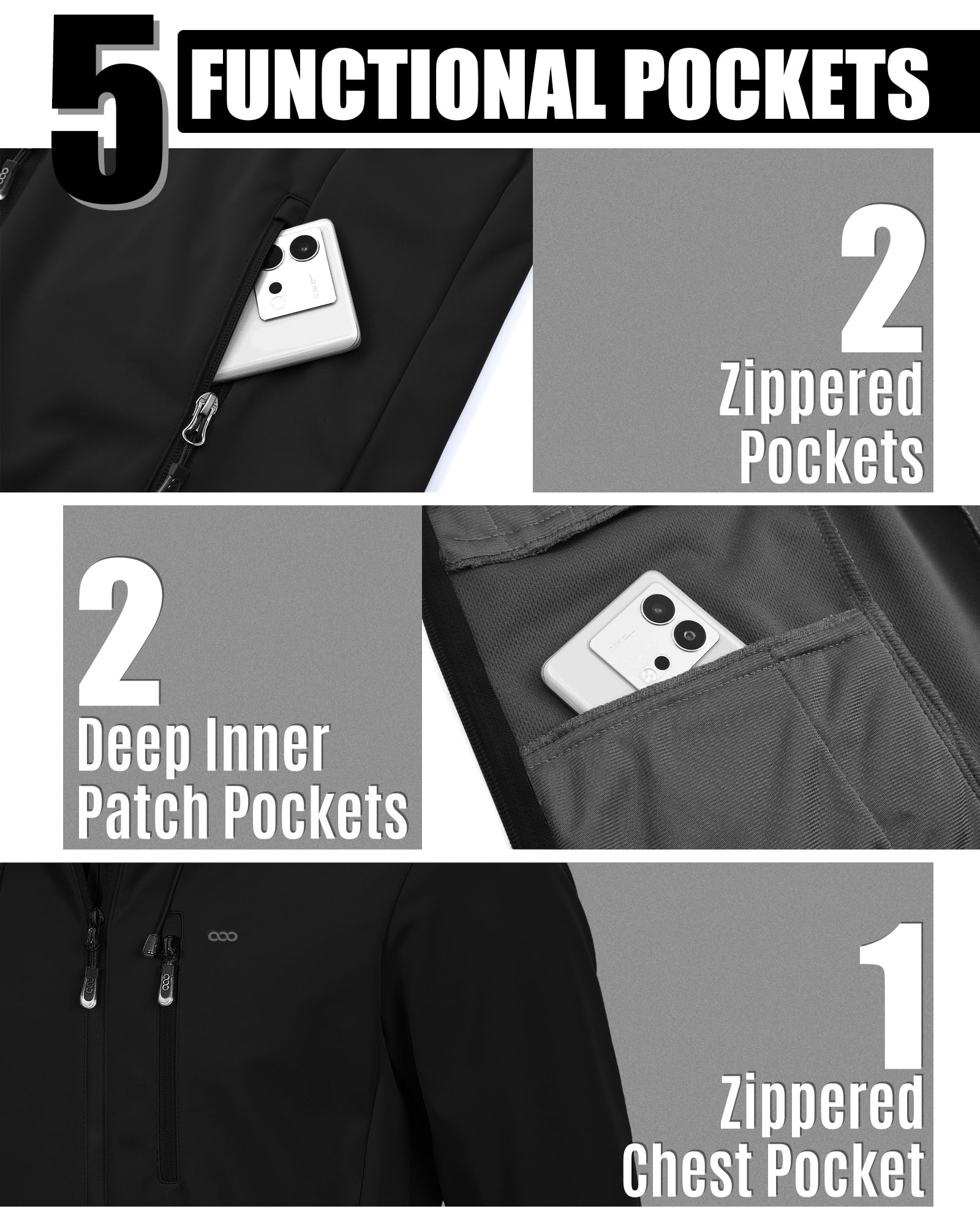 33,000ft Herren Softshelljacke Wasserbeständige Winddichte Funktionsjacke Atmungsaktive Übergangsjacke Leichte Fahhradjacke mit Kapuze Ohne Fleecefutter Schwarz XL 6