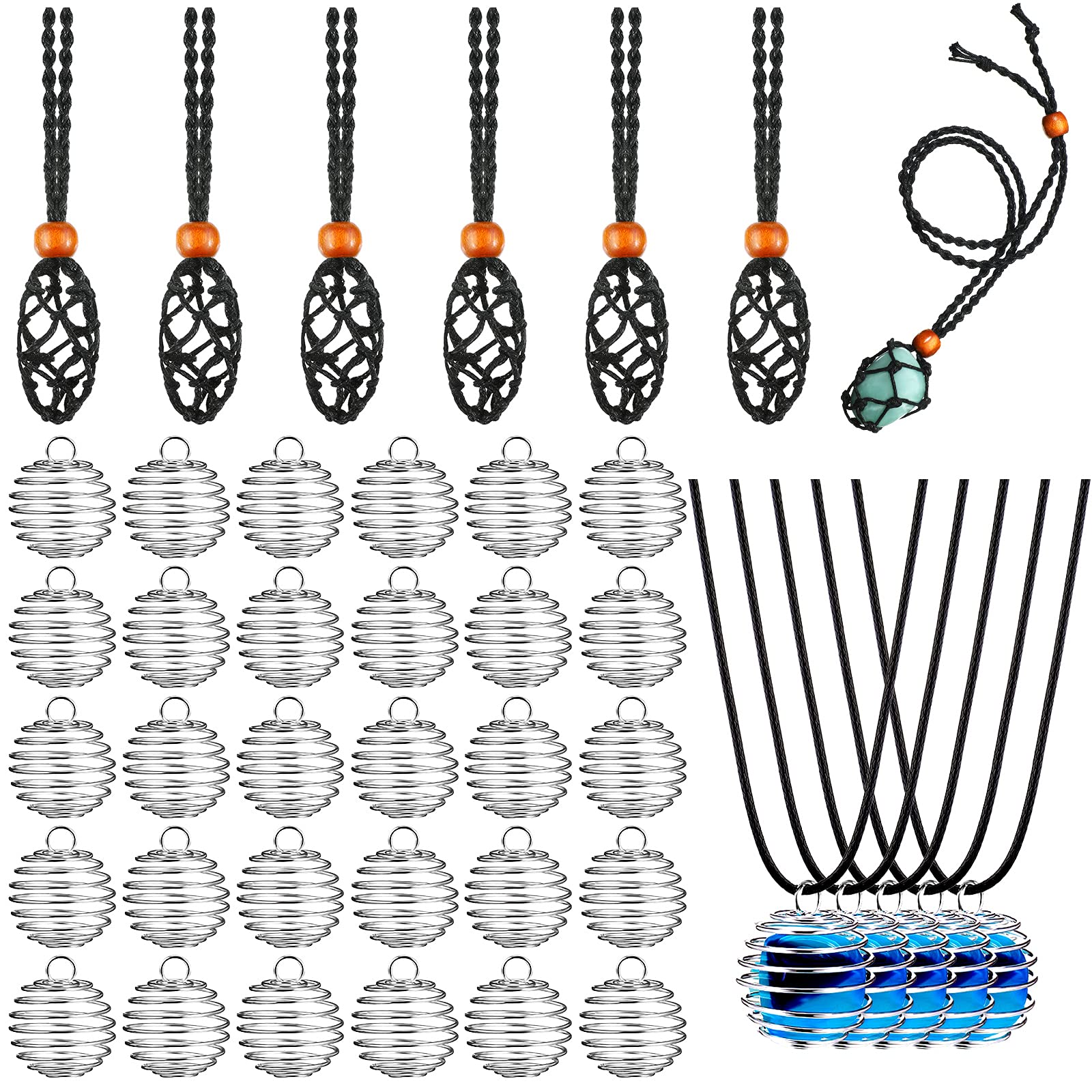 Photo 1 of Shappy 66 Pieces Empty Stone Holder Quartz Stone Necklace Cord Fish Netted Rope Adjustable Crystal Holder Spiral Bead Cages Pendants Black Waxed Necklace Cord for Jewelry Making Crafting Finding