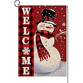 Welcome Christmas Garden Flag Double Sided Snowman with Buffalo Plaid Scarf Garden Flag, Winter Christmas Rustic Yard Outdoor Decoration 12.5 x 18 Inch