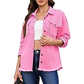 luvamia Jean Jacket Women Trendy Rhinestones Pearls Embellished Sparkly Frayed Hem Oversized Denim Jackets with Pockets