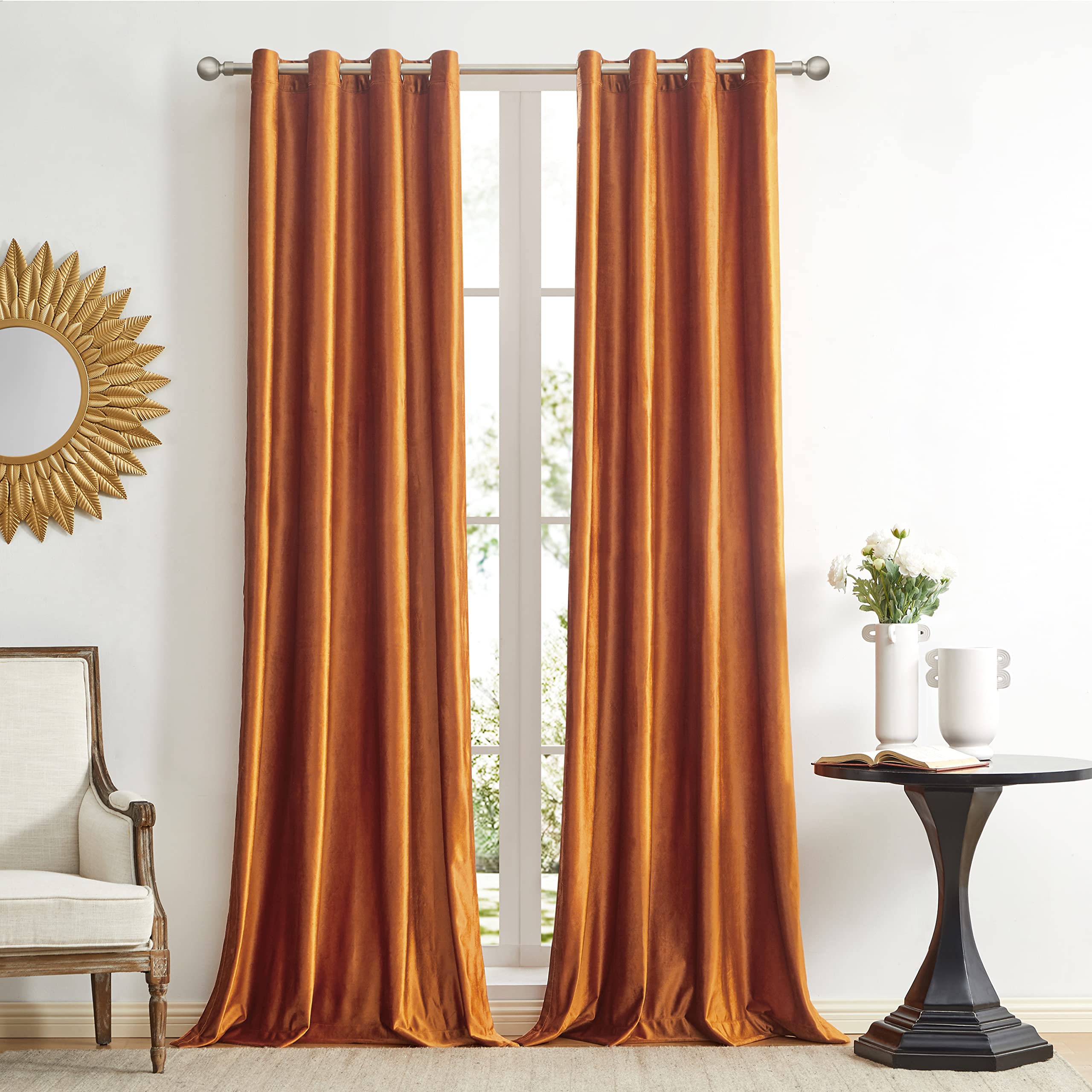 GIGIZAZA Decorative Black Out Curtains, 46 x 72 Inch(Width x Length) Velvet Orange Living Room Eyelet Grommet Thermal Insulated Window Drapes for Bedroom 2 Panels