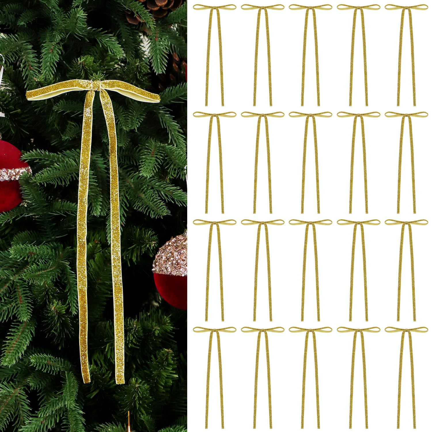 Photo 1 of 20 Pcs Glitter Velvet Christmas Tree Bows Door Garland Decor Vintage Twist Tie Wreath Bow for Gift Wrapping, 2/5'' Width, 5.7 * 12 inch (Gold)