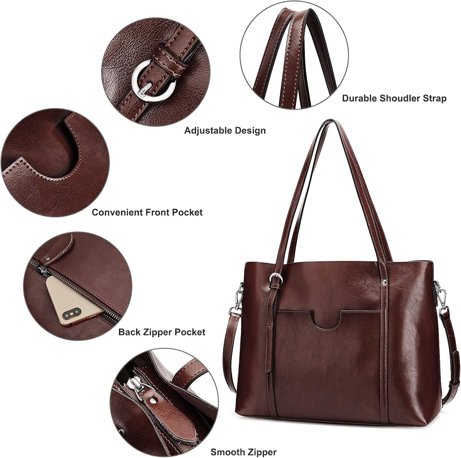 S-ZONE Women Cow Split Leather Top Handle Satchel Daily Work Tote Shoulder Bag Large Capacity, Coffee - Image 5