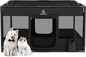 ROMANTIC BEAR Dog Playpen,Fabric Fence, Portable Soft Cat Kennel Crate,Breathable Exercise Puppy Pen,PVC Pipe Frame,Indoor Outdoor Cage for Medium Animals Under 50 Ibs with Carrying Case(Black L)